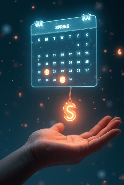 A glowing calendar above a hand holding a token with an S symbol.