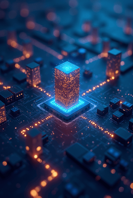 A glowing digital server block connected to network lines, symbolizing blockchain infrastructure.