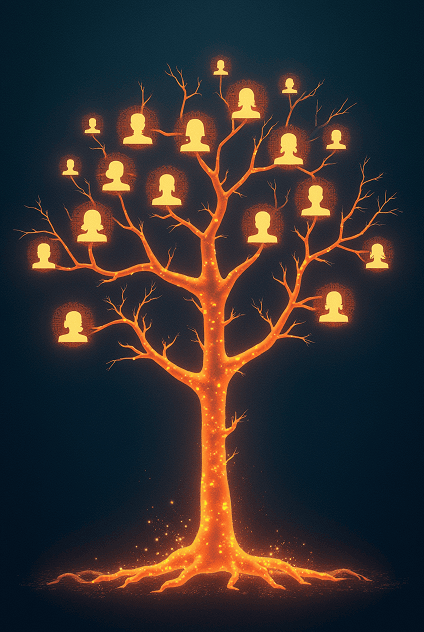 A glowing digital tree with user icons as branches representing family links.