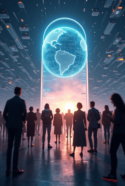 A group of users entering a futuristic portal to join the Soshya project as pioneers.