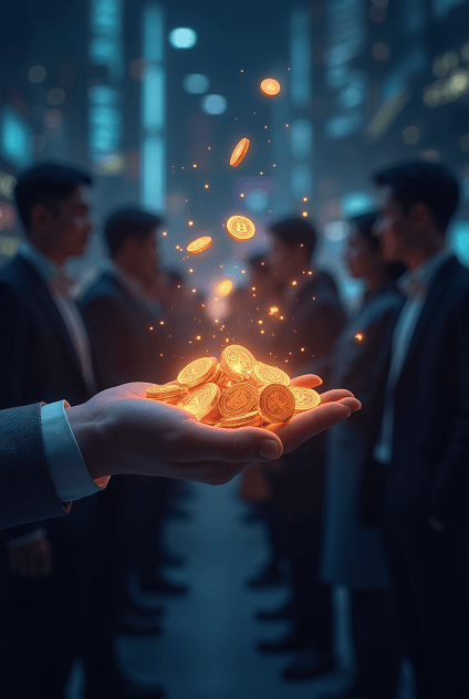 Glowing digital tokens floating above a hand in a corporate setting.