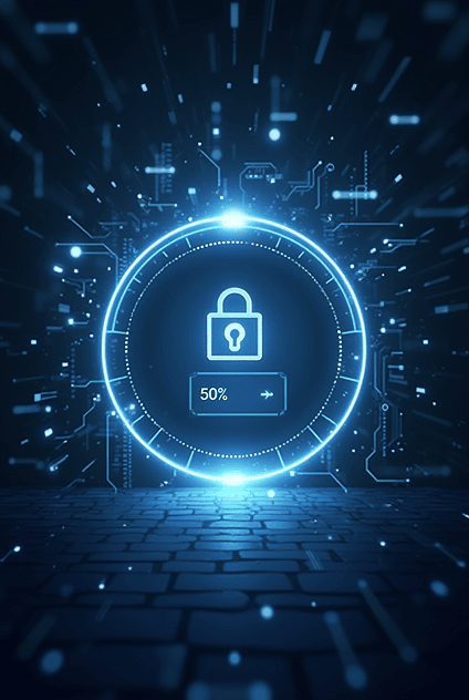 A glowing lock interface showing 50% unlocked for token transfer.