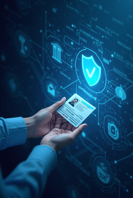 A hand holding an ID card with a digital shield interface symbolizing identity verification.