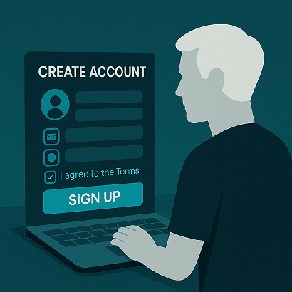User registering a Soshya account on laptop – dark teal background with sign-up form